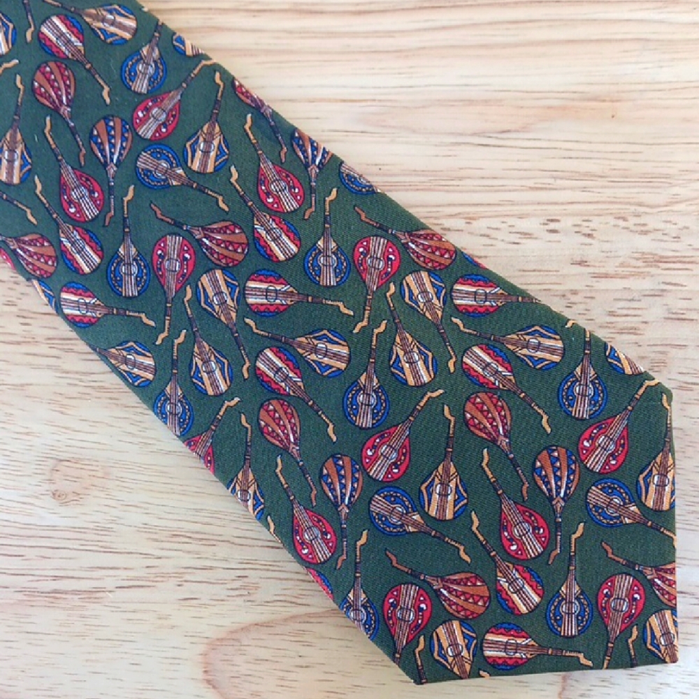 Salvatore Ferragamo Green Men's *PRINT* Tie w/ Guitar Pattern
